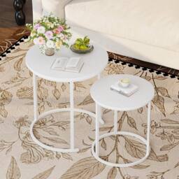 Huhote Round Nesting Coffee Tables Set of 2 White Frame White Wood Top - thumbnail 2