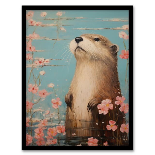 "Artery8 Otter On The Water Scent Of Pink Hibiscus Blooms Oil Painting Art Print Framed Poster Wall Decor in Black - Size: W12"" x H16""" - image 1