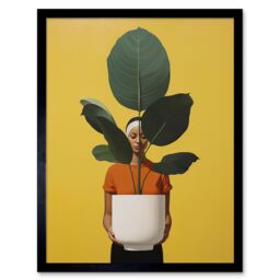 Artery8 Wall Art Print Rubber Tree Showcase Realistic Oil Painting Yellow Orange Green Woman with Plant Pot Minimalist Artwork Art Framed - thumbnail 1