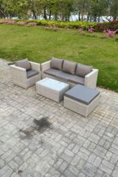 Fimous Light Grey Outdoor PE Rattan Garden Furniture Set Wicker Sofa Set Oblong Coffee Table Armchair - thumbnail 1