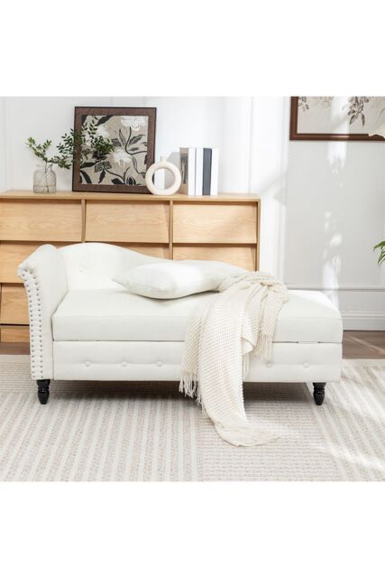 Living and Home Left Hand Facing Chenille Chaise Lounge with Storage and Pillow in White - image 1