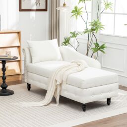 Living and Home Left Hand Facing Chenille Chaise Lounge with Storage and Pillow in White - thumbnail 3