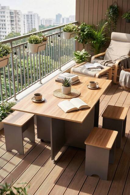 Living and Home Drop Leaf Dining Table Set with 4 Stools in Grey - image 1