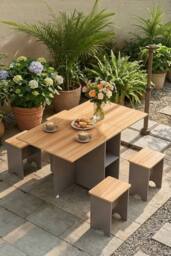 Living and Home Drop Leaf Dining Table Set with 4 Stools in Grey - thumbnail 2