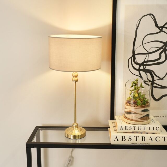 ValueLights Maggie Gold Metal Candlestick Table Lamp with Fabric Drum Shade & LED Bulb in Natural - image 1