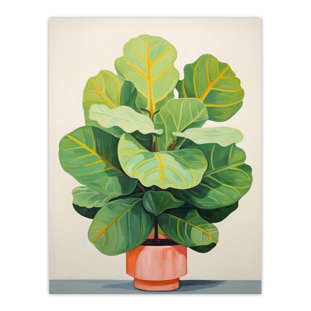 "Wee Blue Coo Wall Art Print Full Bodied Fiddle Leaf Fig Watercolour Painting Pastel Colour Green Pink Large Potted Plant Poster - Size: W24"" x H32""" - image 1