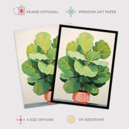 "Wee Blue Coo Wall Art Print Full Bodied Fiddle Leaf Fig Watercolour Painting Pastel Colour Green Pink Large Potted Plant Poster - Size: W24"" x H32""" - thumbnail 2