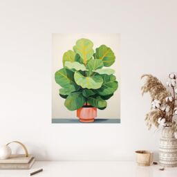 "Wee Blue Coo Wall Art Print Full Bodied Fiddle Leaf Fig Watercolour Painting Pastel Colour Green Pink Large Potted Plant Poster - Size: W24"" x H32""" - thumbnail 4