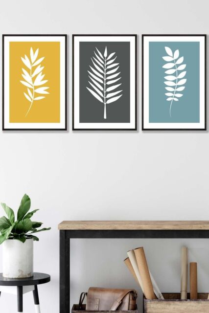 ARTZE Framed Yellow, Grey, Blue Graphical Leaves Framed Wall Art - Medium in Black - Size: W45 cm x H62 cm x D20mm - image 1