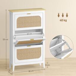 HOMCOM Boho Slim Shoe Cabinet with Rattan Doors, Holds 21 Pairs, White - thumbnail 3