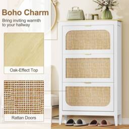 HOMCOM Boho Slim Shoe Cabinet with Rattan Doors, Holds 21 Pairs, White - thumbnail 4