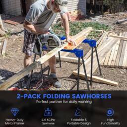 Gymax 2 Pack Folding Sawhorses Compact Power Tools Twin Pack Tool Stands in Blue - thumbnail 7
