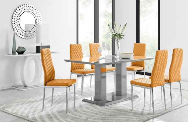 FurnitureboxUK Imperia Grey Modern High Gloss Dining Table & 6 Milan Dining Chairs Set in Mustard - image 1