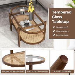 Gymax 2-Tier Coffee Table PE Rattan Tempered Glass Tabletop Acacia Wood Leg in Brown - thumbnail 4