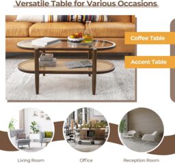Gymax 2-Tier Coffee Table PE Rattan Tempered Glass Tabletop Acacia Wood Leg in Brown - thumbnail 5
