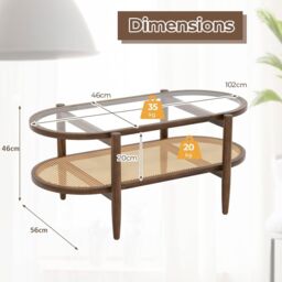 Gymax 2-Tier Coffee Table PE Rattan Tempered Glass Tabletop Acacia Wood Leg in Brown - thumbnail 2