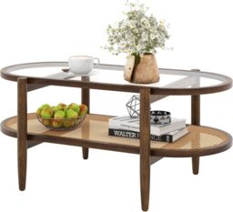 Gymax 2-Tier Coffee Table PE Rattan Tempered Glass Tabletop Acacia Wood Leg in Brown