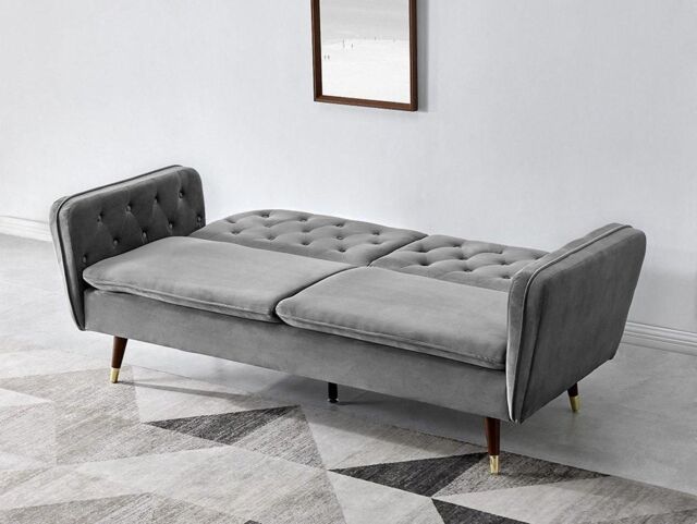Home Detail DISCONTINUED Whitby Velvet Sofa Bed With Chesterfield Design With Gold Metal Tipped Wooden Legs in Dark Grey - image 1