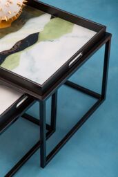 Orsina Set of 2 Assorted Colour Nesting Tables, Abstract Art Tempered Glass Tops with Removable Tray Feature - thumbnail 4