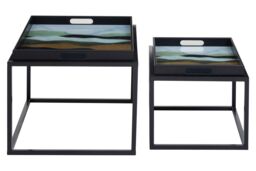 Orsina Set of 2 Assorted Colour Nesting Tables, Abstract Art Tempered Glass Tops with Removable Tray Feature - thumbnail 5
