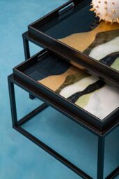 Orsina Set of 2 Assorted Colour Nesting Tables, Abstract Art Tempered Glass Tops with Removable Tray Feature - thumbnail 3