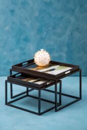 Orsina Set of 2 Assorted Colour Nesting Tables, Abstract Art Tempered Glass Tops with Removable Tray Feature - thumbnail 2