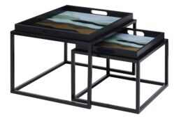 Orsina Set of 2 Assorted Colour Nesting Tables, Abstract Art Tempered Glass Tops with Removable Tray Feature
