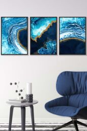 ARTZE Abstract Navy, Blue & Gold Oceans Framed Wall Art - Medium in Black - Size: W45 cm x H62 cm x D20mm