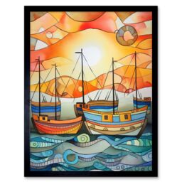 "Artery8 Wall Art Print Fishing Boats At Sunrise Folk Art Watercolour Painting Art Framed in Black - Size: W12"" x H16""" - thumbnail 1