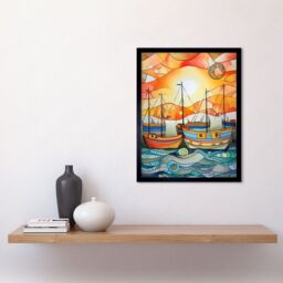 "Artery8 Wall Art Print Fishing Boats At Sunrise Folk Art Watercolour Painting Art Framed in Black - Size: W12"" x H16""" - thumbnail 2