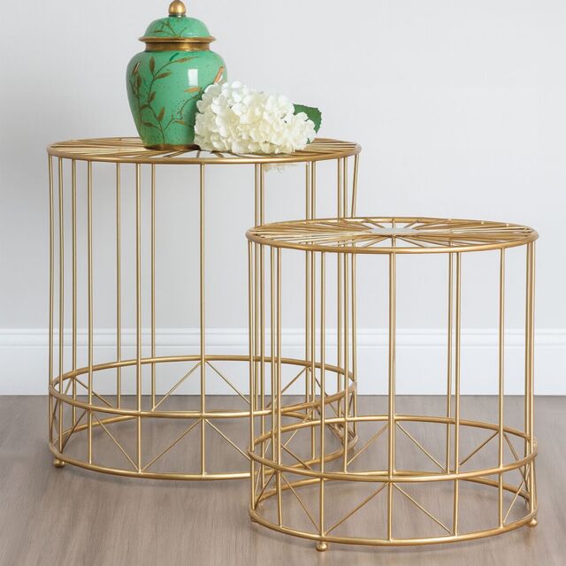 Orsina Geometric Design Set Of 2 Round Side Tables, Sleek Bed Side Table For Bedroom, Gold Finish Lounge Table - image 1