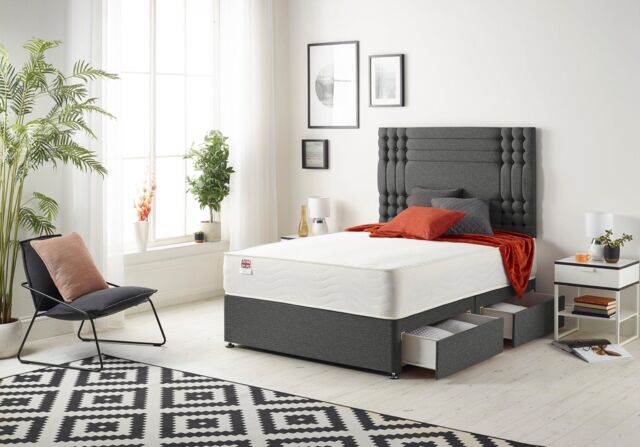 Somnior Flexby Sprung Memory Foam 2 Drawer Divan Bed with Upholstered Headboard Tweed Fabric in Charcoal - Size: Double - image 1
