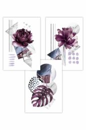 ARTZE Set of 3 Abstract Purple & Silver Botanical Art Posters - Size: W42 cm x H59 cm - thumbnail 1
