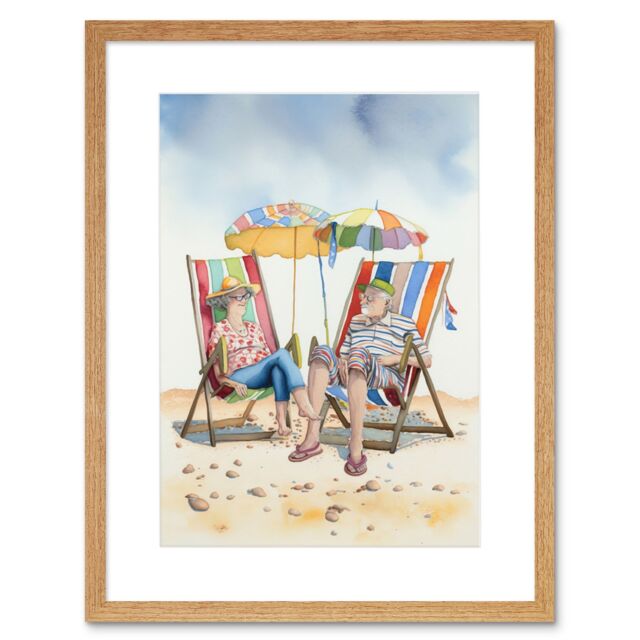"Artery8 Wall Art Print Elderly Couple Enjoying A Summer Beach Day Watercolour Artwork Framed 9X7 Inch in Beige - Size: W7"" x H9""" - image 1