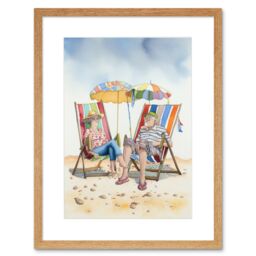 "Artery8 Wall Art Print Elderly Couple Enjoying A Summer Beach Day Watercolour Artwork Framed 9X7 Inch in Beige - Size: W7"" x H9""" - thumbnail 1