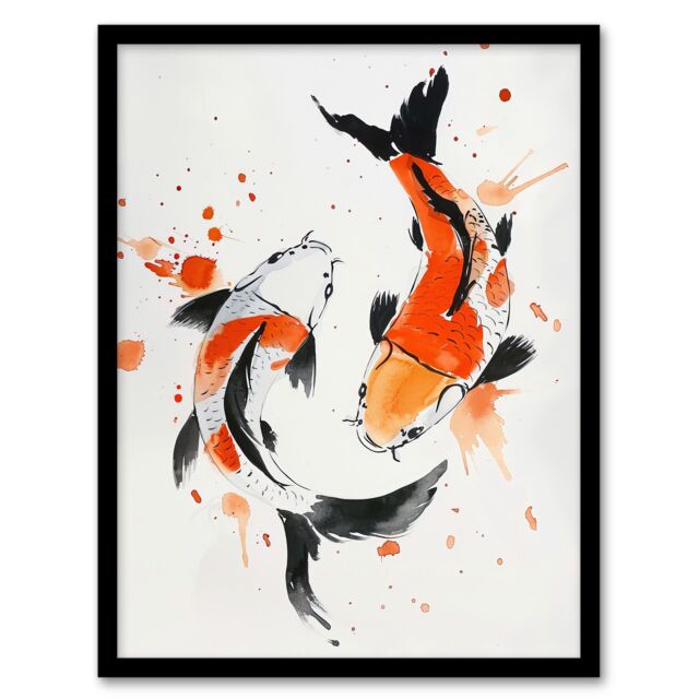 Artery8 Two Koi Carp Fish Orange Black Watercolour Framed Wall Art - Size: A4 - image 1