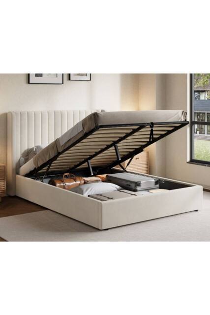 Groundlevel Belgravia Velvet Upholstered Gas Lift Ottoman Bed Frame in Cream - Size: Super King - image 1