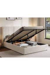 Groundlevel Belgravia Velvet Upholstered Gas Lift Ottoman Bed Frame in Cream - Size: Super King - thumbnail 1