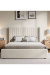 Groundlevel Belgravia Velvet Upholstered Gas Lift Ottoman Bed Frame in Cream - Size: Super King - thumbnail 2