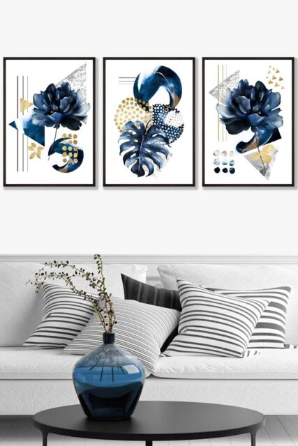 ARTZE Set of 3 Black Framed Abstract Blue & Gold Botanical Wall Art in Navy - Size: W45 cm x H62 cm x D20mm - image 1