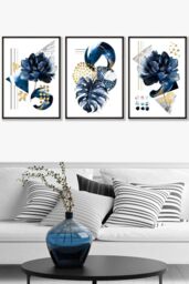 ARTZE Set of 3 Black Framed Abstract Blue & Gold Botanical Wall Art in Navy - Size: W45 cm x H62 cm x D20mm - thumbnail 1