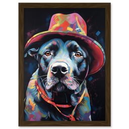 Artery8 Pit Bull Terrier Dog Red Cowboy Hat Portrait Artwork Framed Wall Art Print A4 in Brown - thumbnail 1