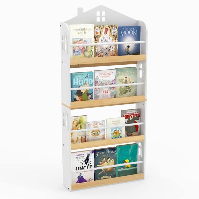 Costway House-Shaped Kids Bookshelf 4-Tier Wooden Display Rack w/Metal Bar in White - image 1