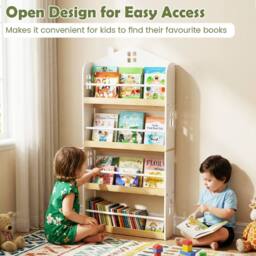 Costway House-Shaped Kids Bookshelf 4-Tier Wooden Display Rack w/Metal Bar in White - thumbnail 8