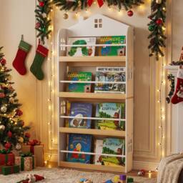 Costway House-Shaped Kids Bookshelf 4-Tier Wooden Display Rack w/Metal Bar in White - thumbnail 6