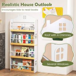 Costway House-Shaped Kids Bookshelf 4-Tier Wooden Display Rack w/Metal Bar in White - thumbnail 9