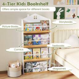 Costway House-Shaped Kids Bookshelf 4-Tier Wooden Display Rack w/Metal Bar in White - thumbnail 7