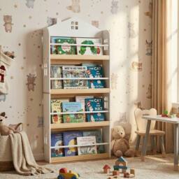 Costway House-Shaped Kids Bookshelf 4-Tier Wooden Display Rack w/Metal Bar in White - thumbnail 5