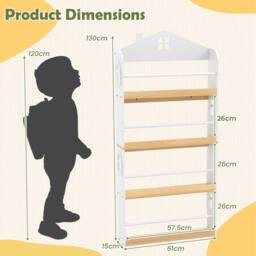 Costway House-Shaped Kids Bookshelf 4-Tier Wooden Display Rack w/Metal Bar in White - thumbnail 2