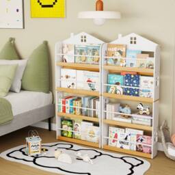 Costway House-Shaped Kids Bookshelf 4-Tier Wooden Display Rack w/Metal Bar in White - thumbnail 4